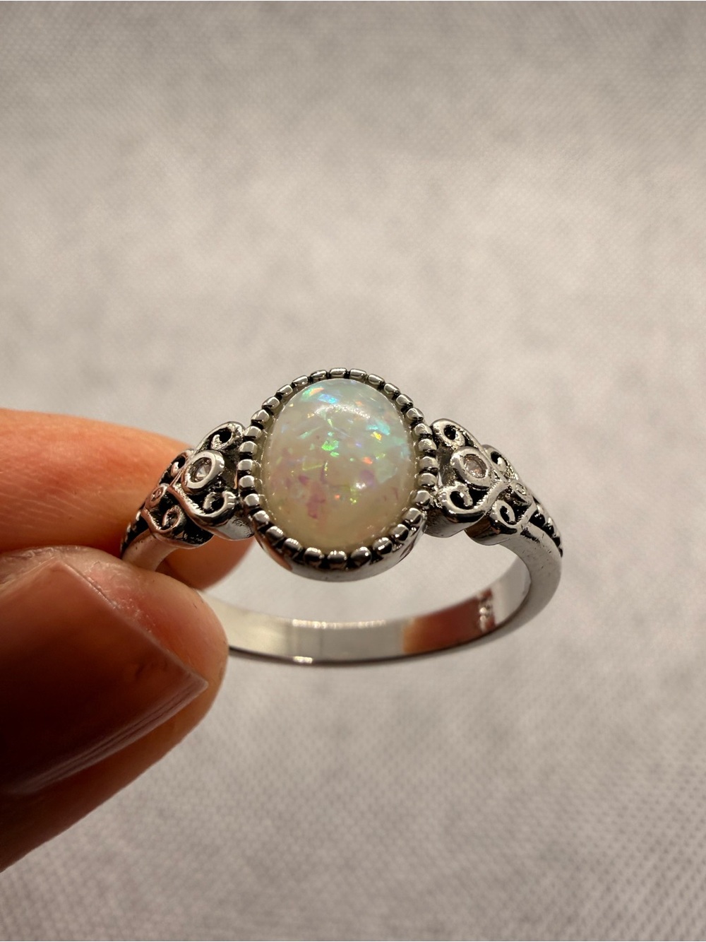 925 Sterling Silver Synthetic Opal Vintage Filigree Ring